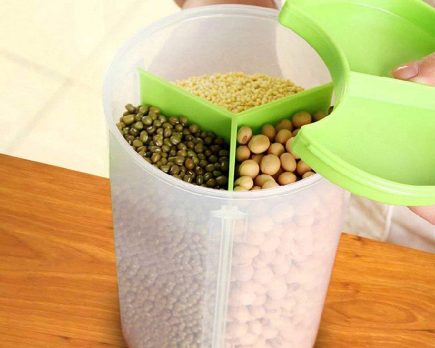 Three-in-one transparent container with an airtight feature and color packaging.