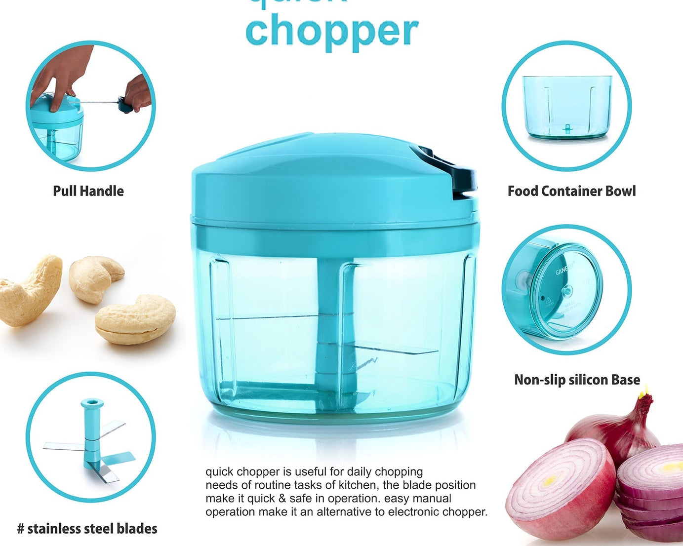 Ganesh Quick Vegetable Chopper, 725 ml, various perspectives and details.