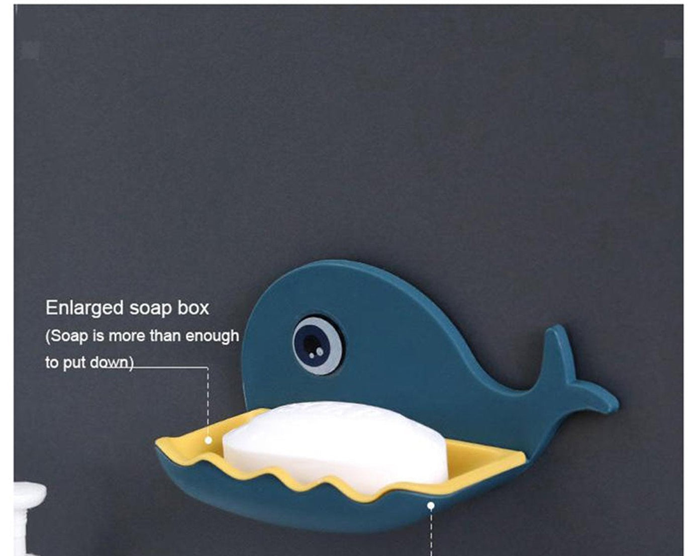 Fish-shaped soap dish with bar soap, showing its functionality and adhesive mounting
