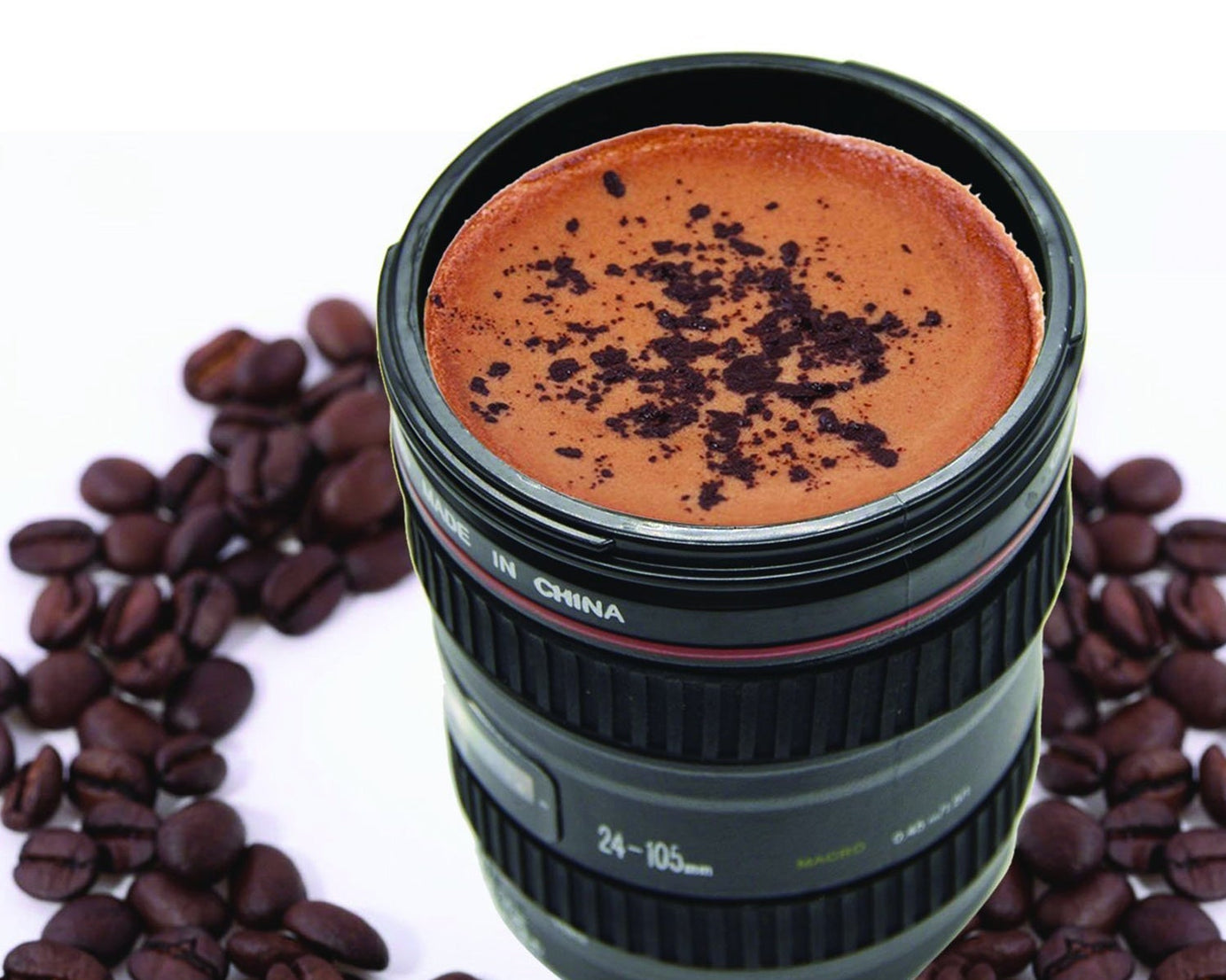 Stainless steel mug with a plastic camera lens design, showcasing its distinctive appearance