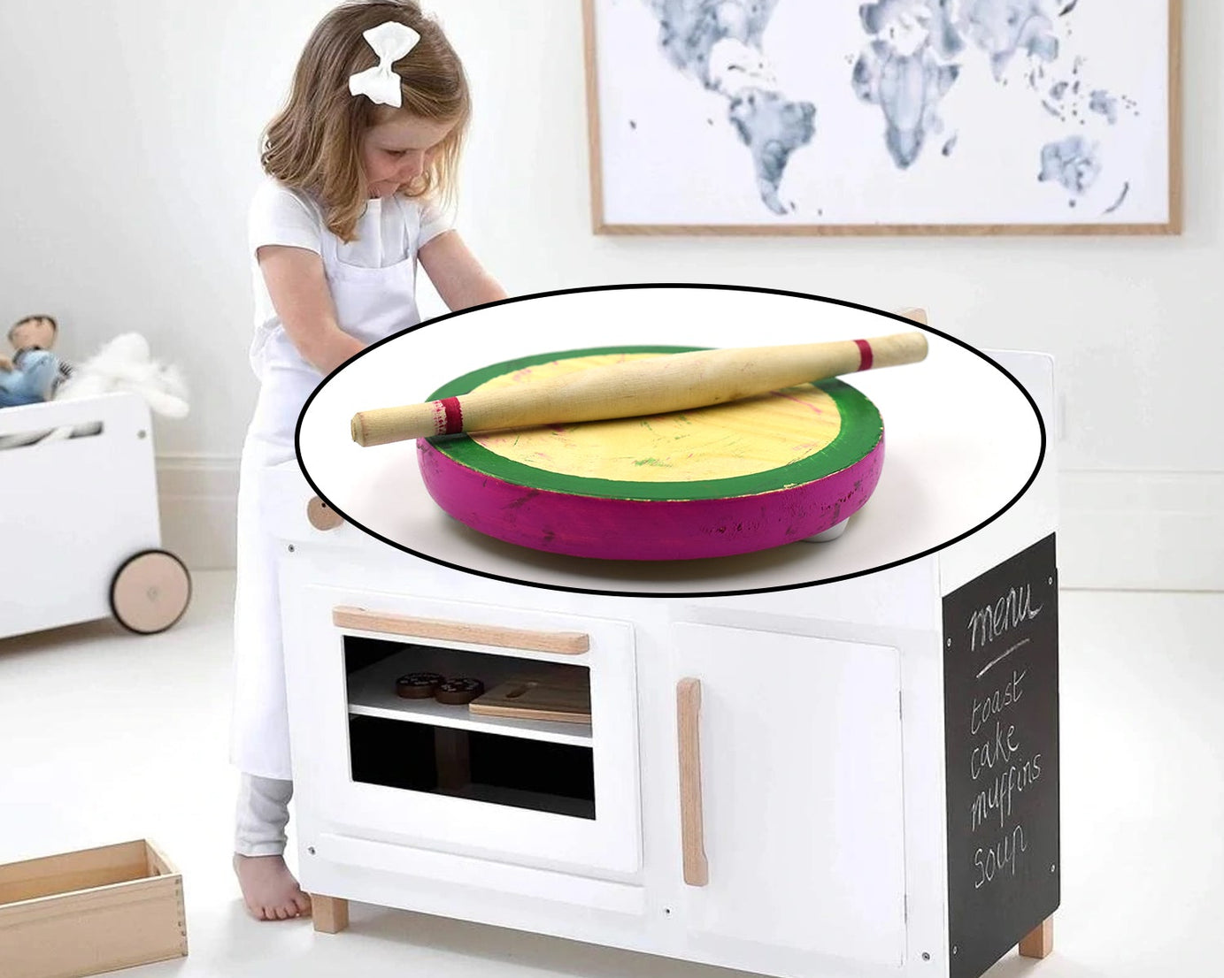 Mini chakla belan set for kids, ideal for pretend cooking games.