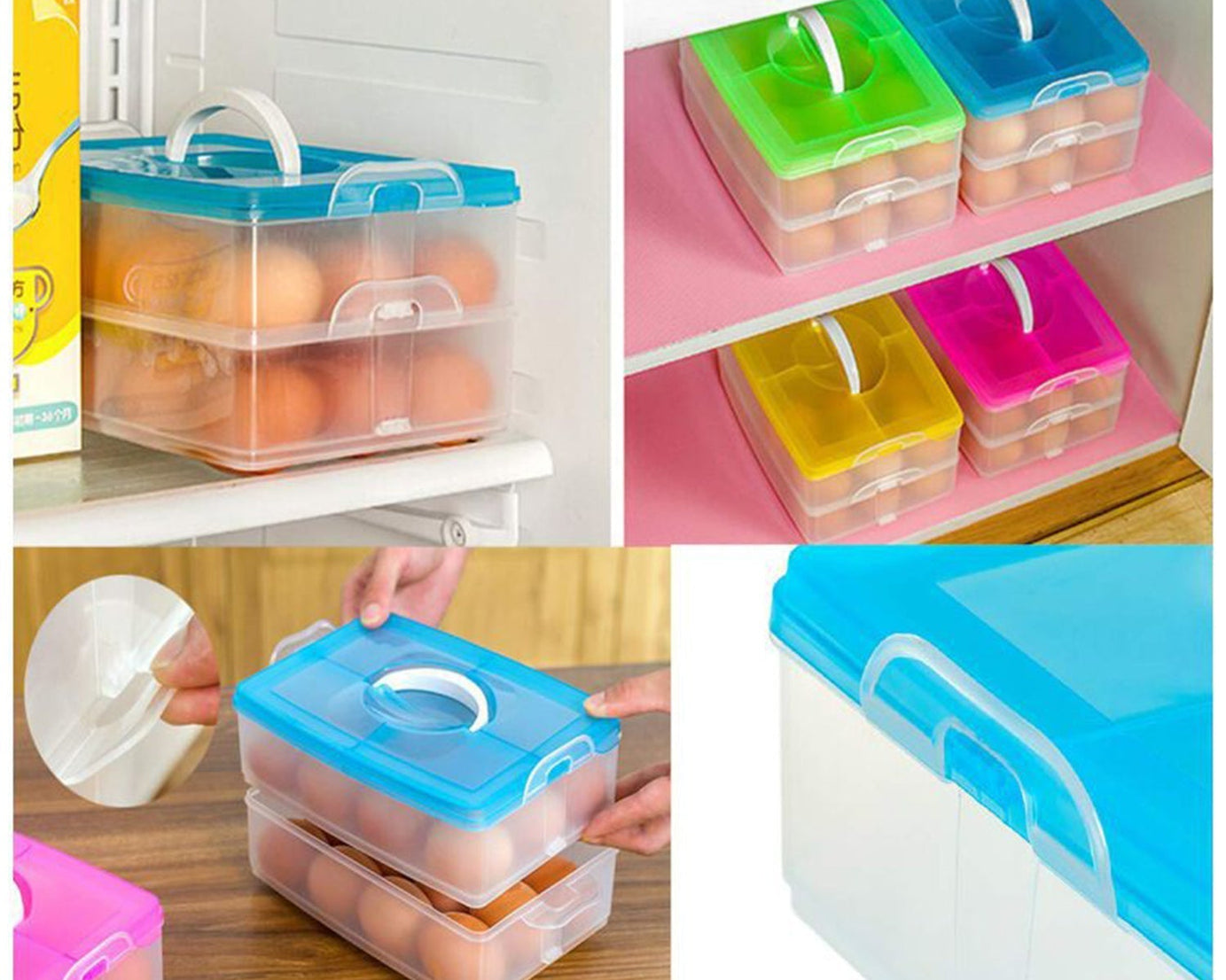 Egg storage box featuring a double-layer design with 24 grids for organized refrigerator storage