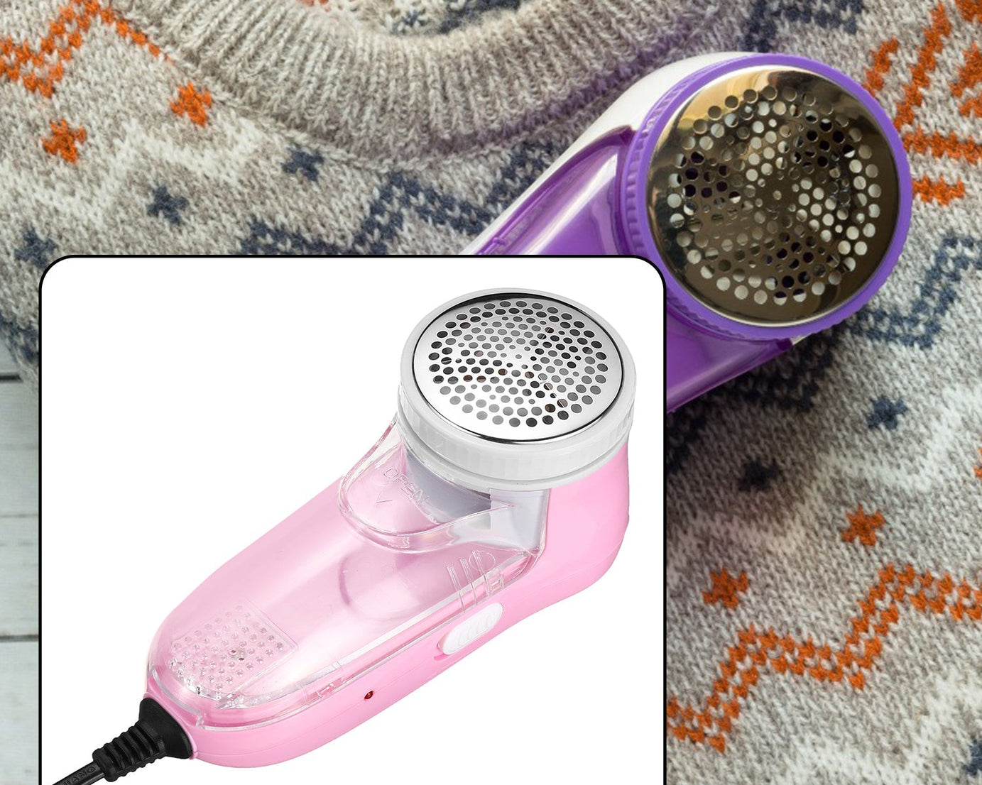 Lint remover tool designed for woolen fabrics, showing its sleek handle and blade