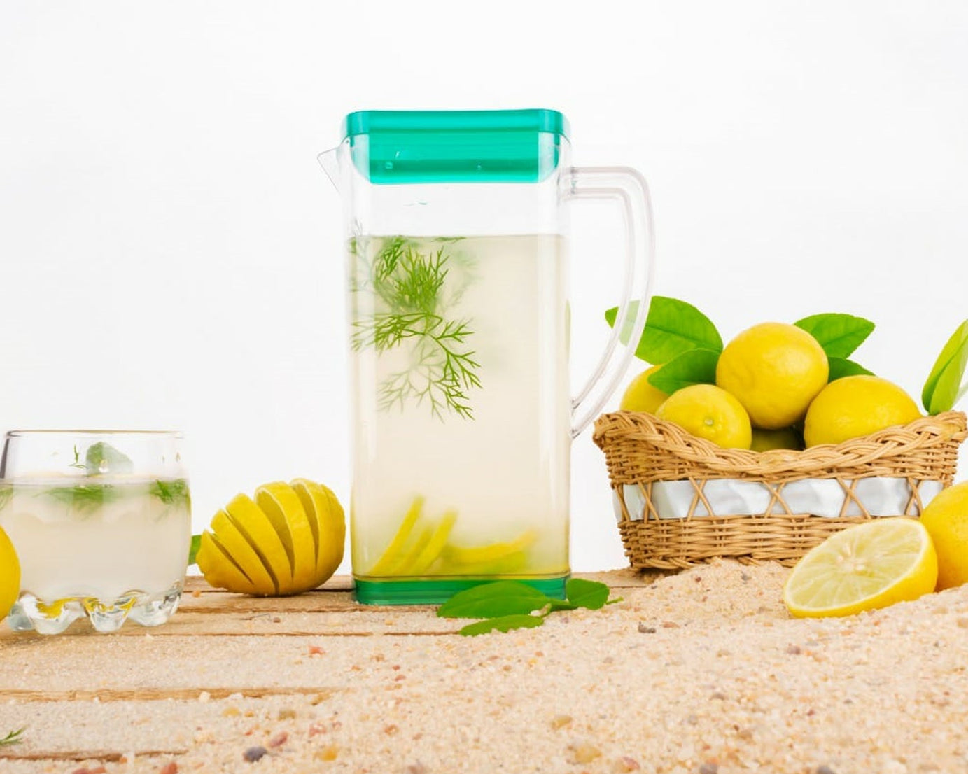 Transparent glass jug perfect for serving drinks at home or in cafes.