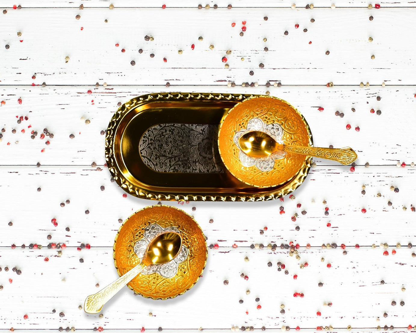 Two bowl and spoon tray set in brass, gold and silver plated, with red velvet gift box.