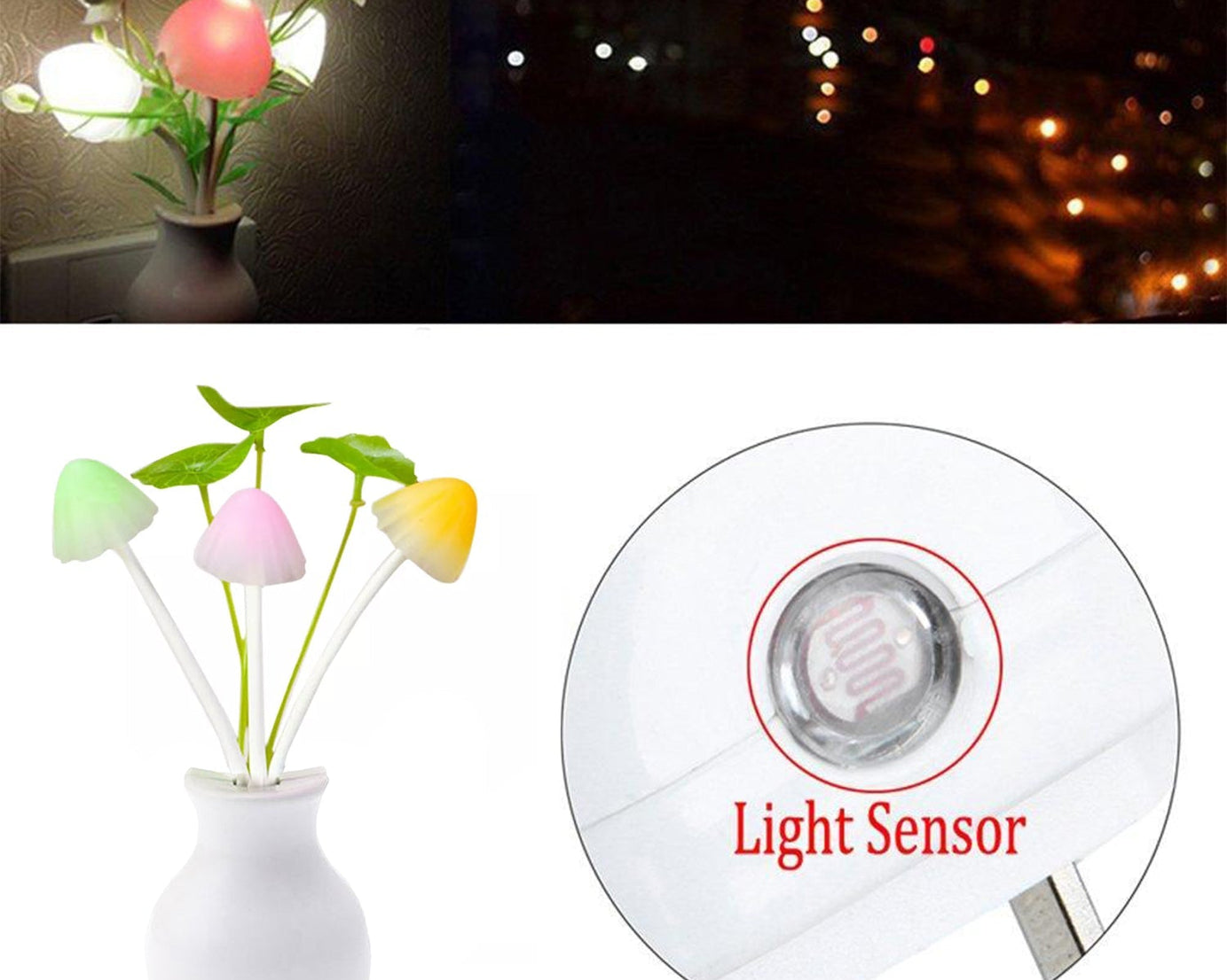 Close-up of LED mushroom lamp with sensor.