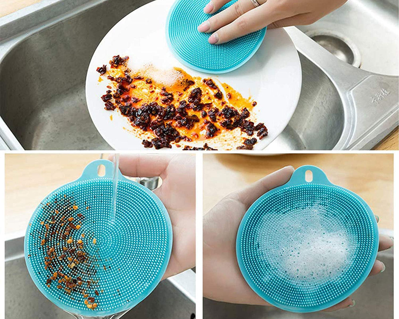 Colorful silicone scrubber sponge for dishes, non-stick and mildew-resistant.