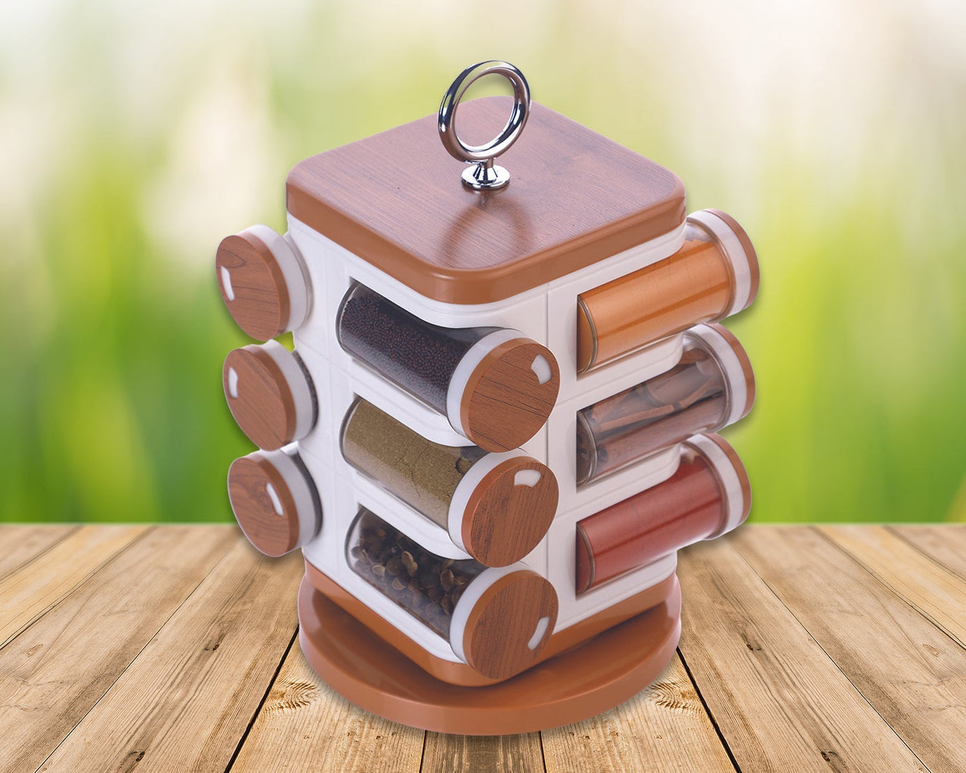 Ganesh 12-jar revolving spice rack, masala box, various jars visible.