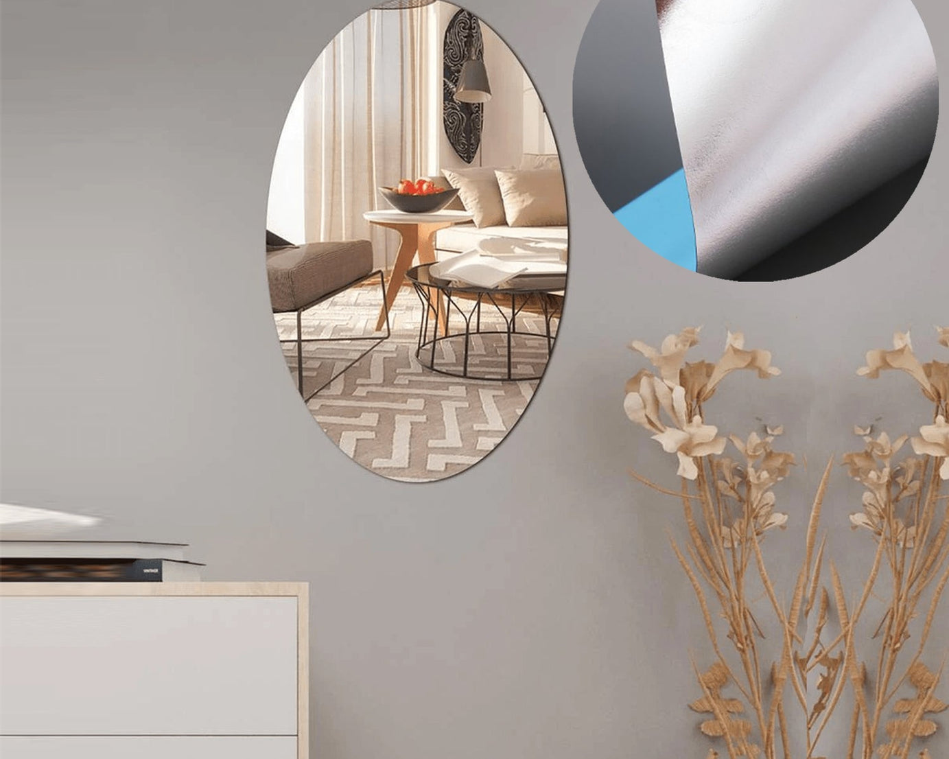 Oval Frame Less Mirror Wall Sticker for Dressing