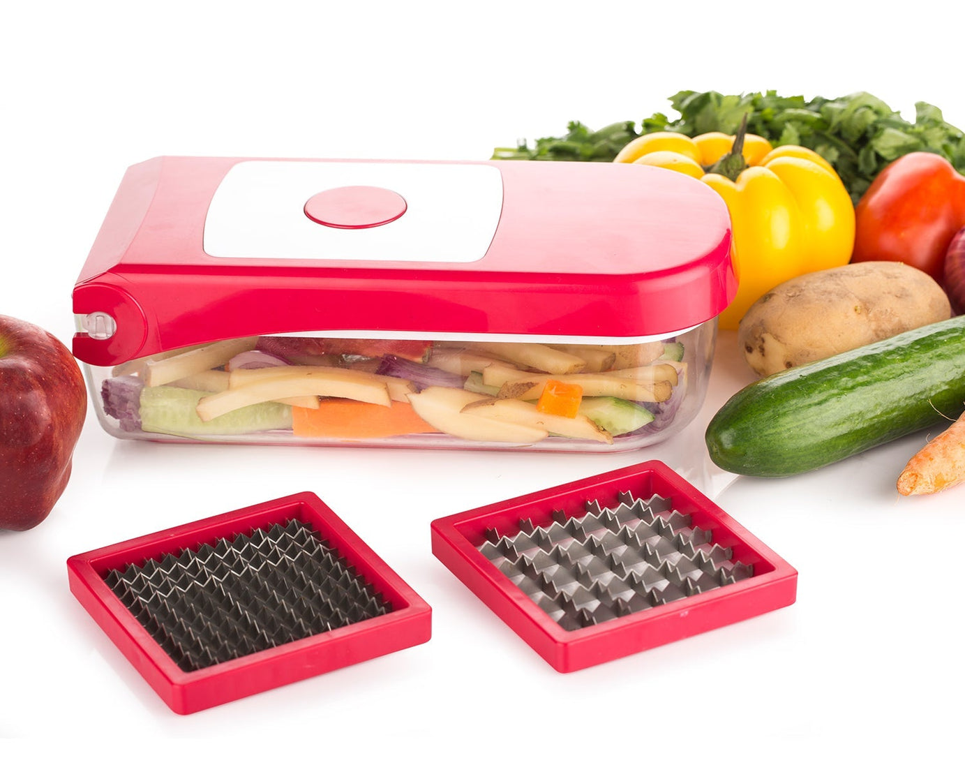 Ganesh red plastic chopper, vegetable and fruit cutter, shown from multiple angles.