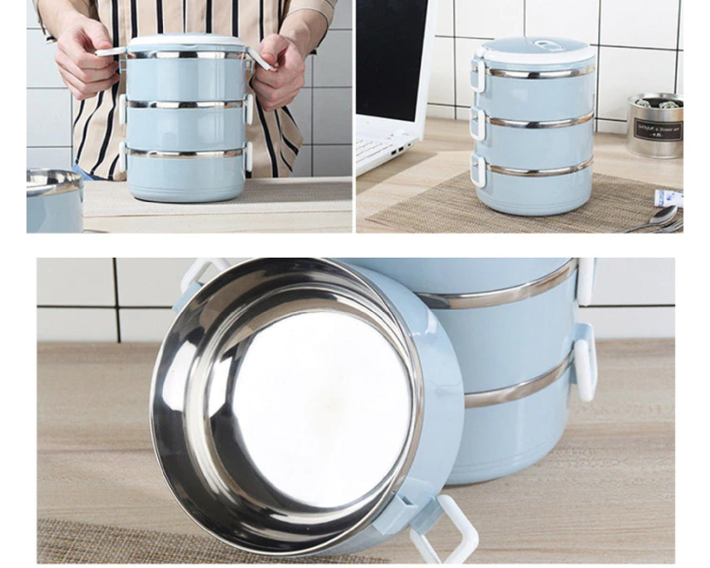 Three layer stainless steel hot lunch box with multiple compartments.