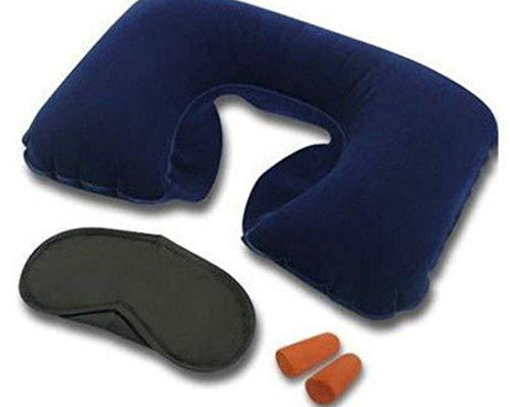 Air travel kit with pillow, ear buds, and eye mask.