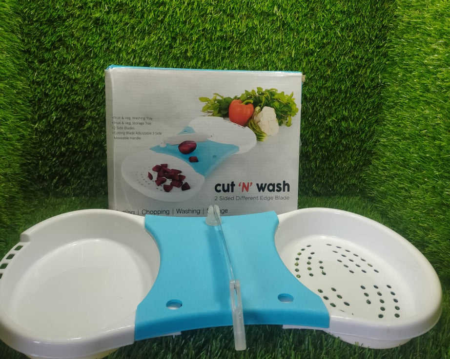 Dual-function cut and wash tool for simplifying fruit and veggie prep.