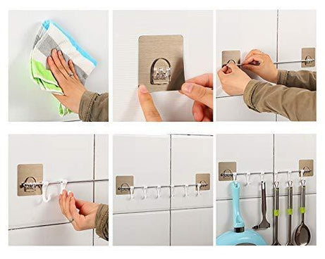 Plastic self-adhesive hooks, ideal for use in various settings.