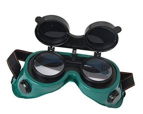 Large size welding goggles in dark green.