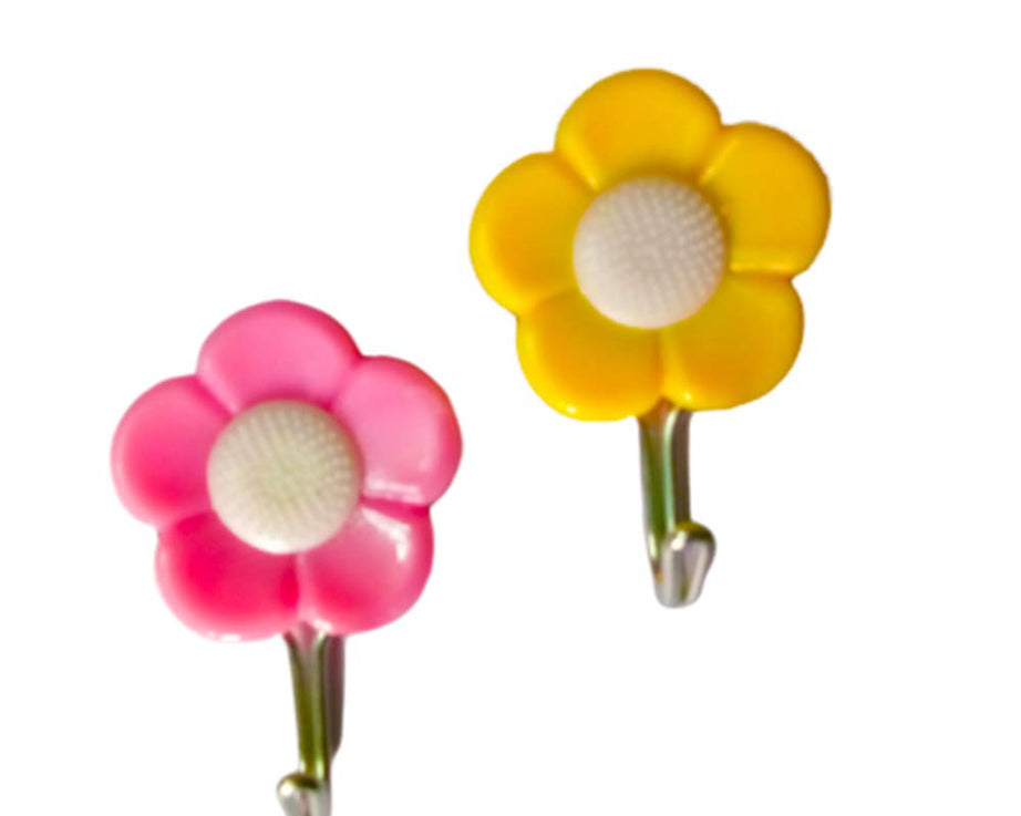 Pack of 5 adhesive flower-shaped hooks for wall decor.