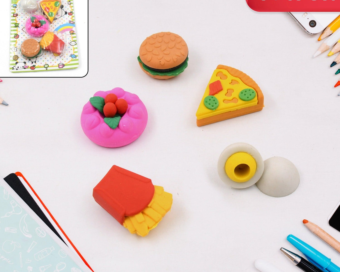 3D Food Shape Fancy & Stylish Colorful Erasers, Mini Eraser Creative Cute Novelty Eraser for Children Eraser Set for Return Gift, Birthday Party, School Prize(5 Pcs Set)