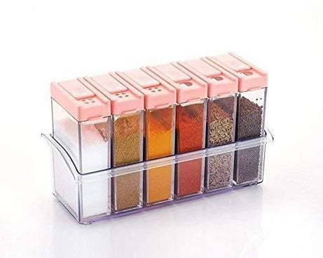 Multicolour spice jars with lids, showing various colors