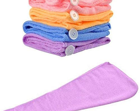 Soft microfiber hair-drying towel, turban style for quick drying.