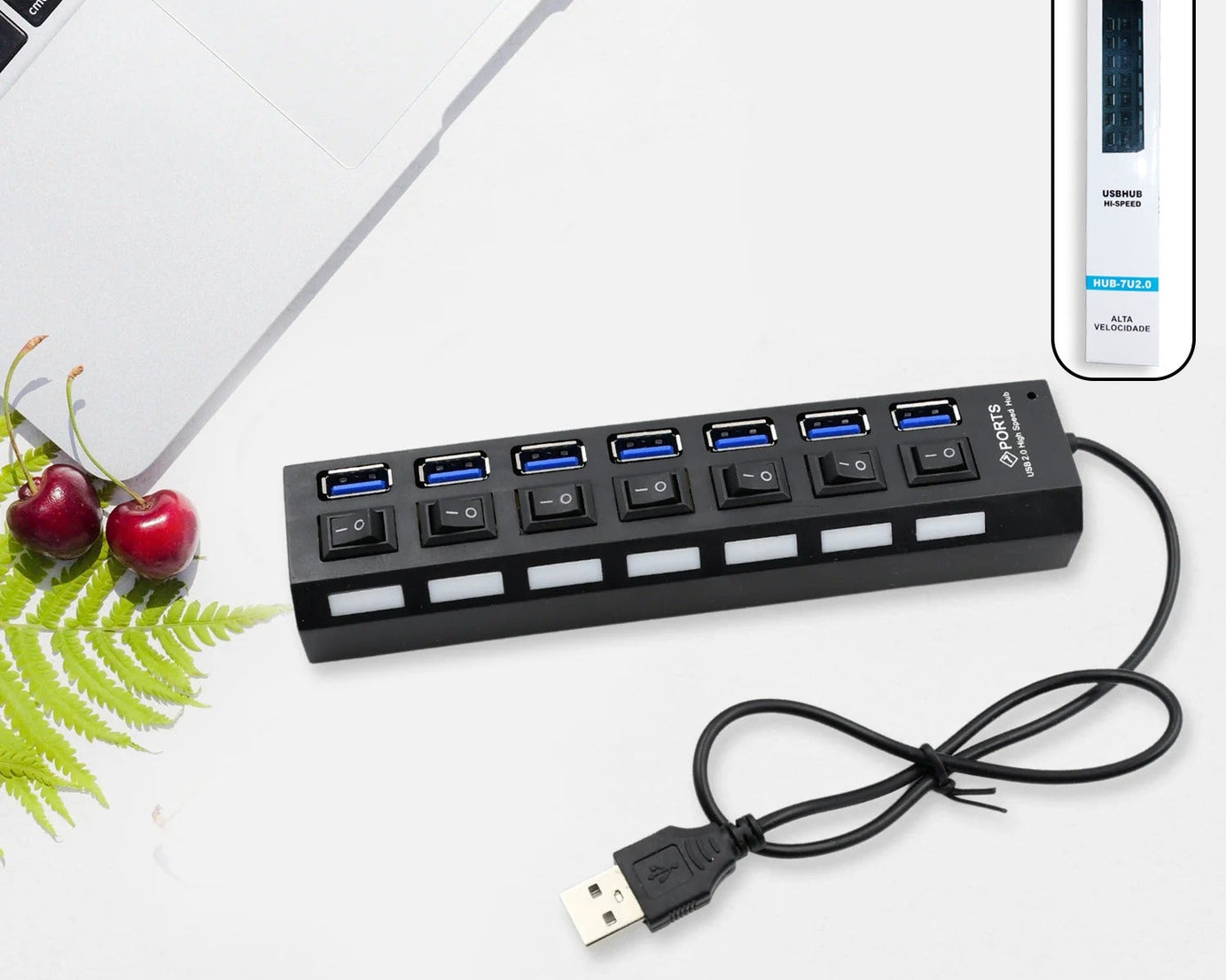 USB Splitter Multi Port USB 2.0 Hub, 7 Port with Independent On/Off Switch and LED Indicators USB A Port Data Hub, Suitable for PC Computer Keyboard Laptop Mobile HDD, Flash Drive Camera Etc