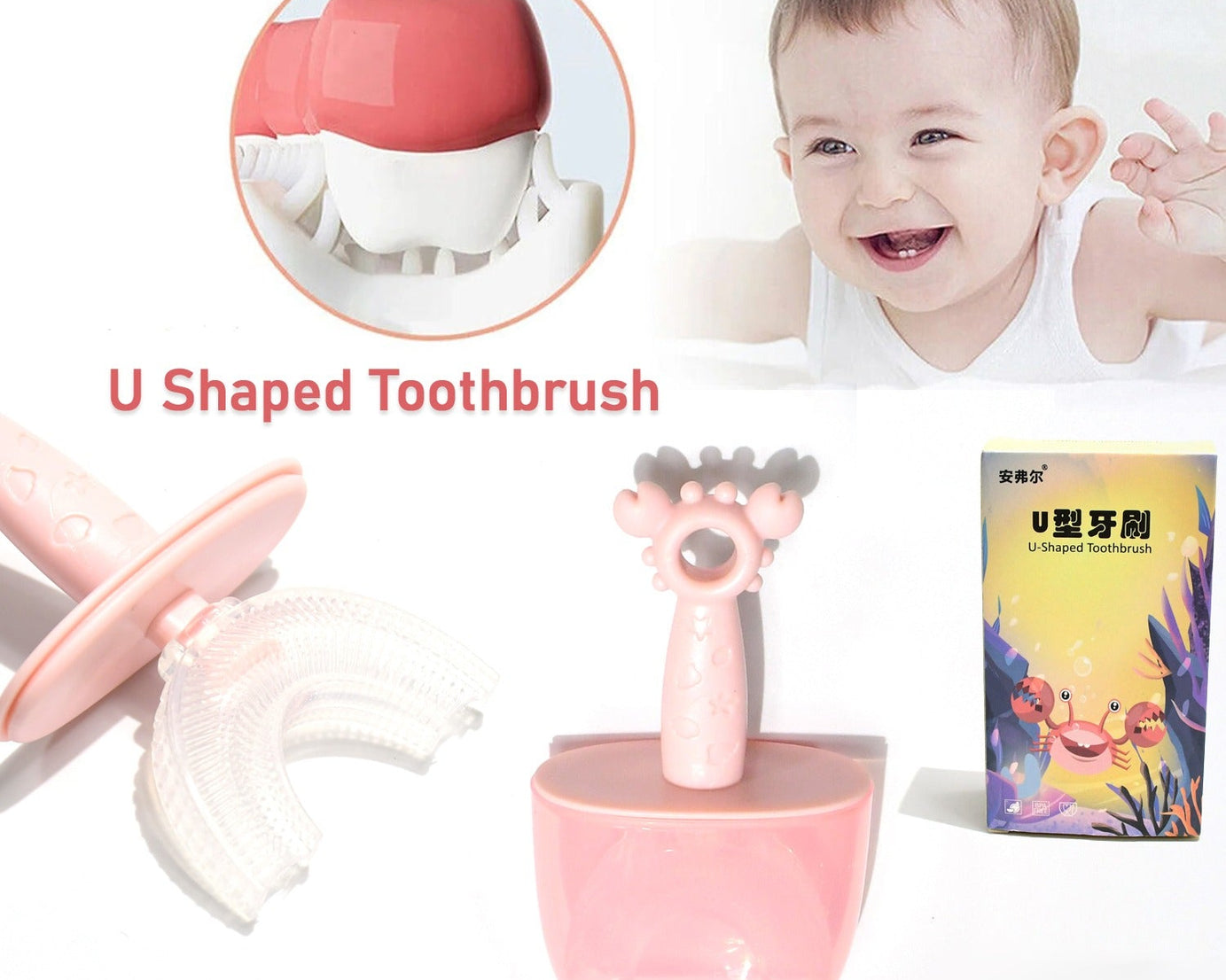 Kids U Shaped Toothbrush Children Baby Silicone Kids Toothbrush U Shaped Silicone Brush Head for 360 Degree Cleaning Suitable For 2-6 Years (1 Pc)