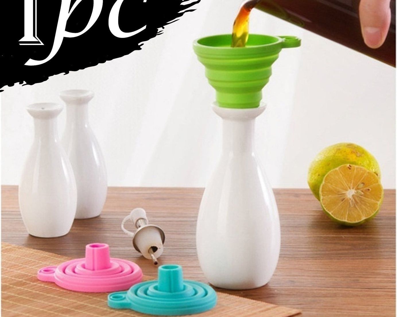 Collapsible silicone funnel for kitchen.