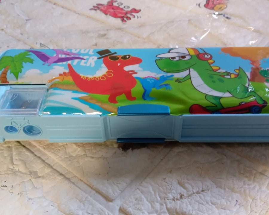 Multipurpose Compass Box, Plastic Double Deck Pencil Case with 2 Compartments, Supplies Utility Box Storage Organizer, Pencil Box for School, Cartoon Printed Pencil Case for Kids, Birthday Gift for Girls & Boys (1 Pc Mix Design)