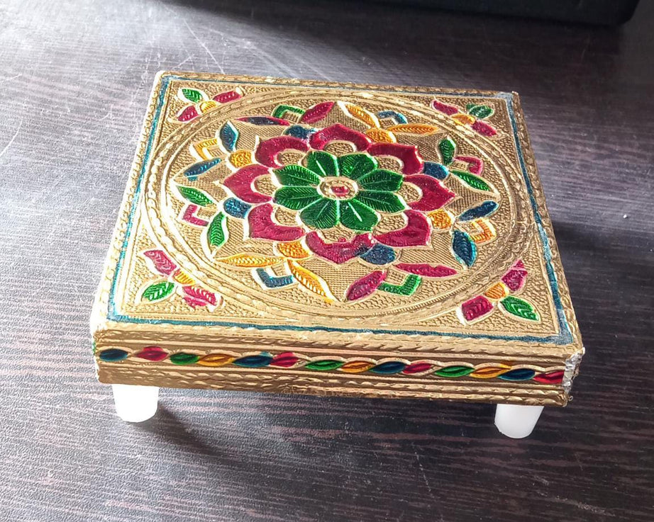 Set of handcrafted wooden stools in multi-color