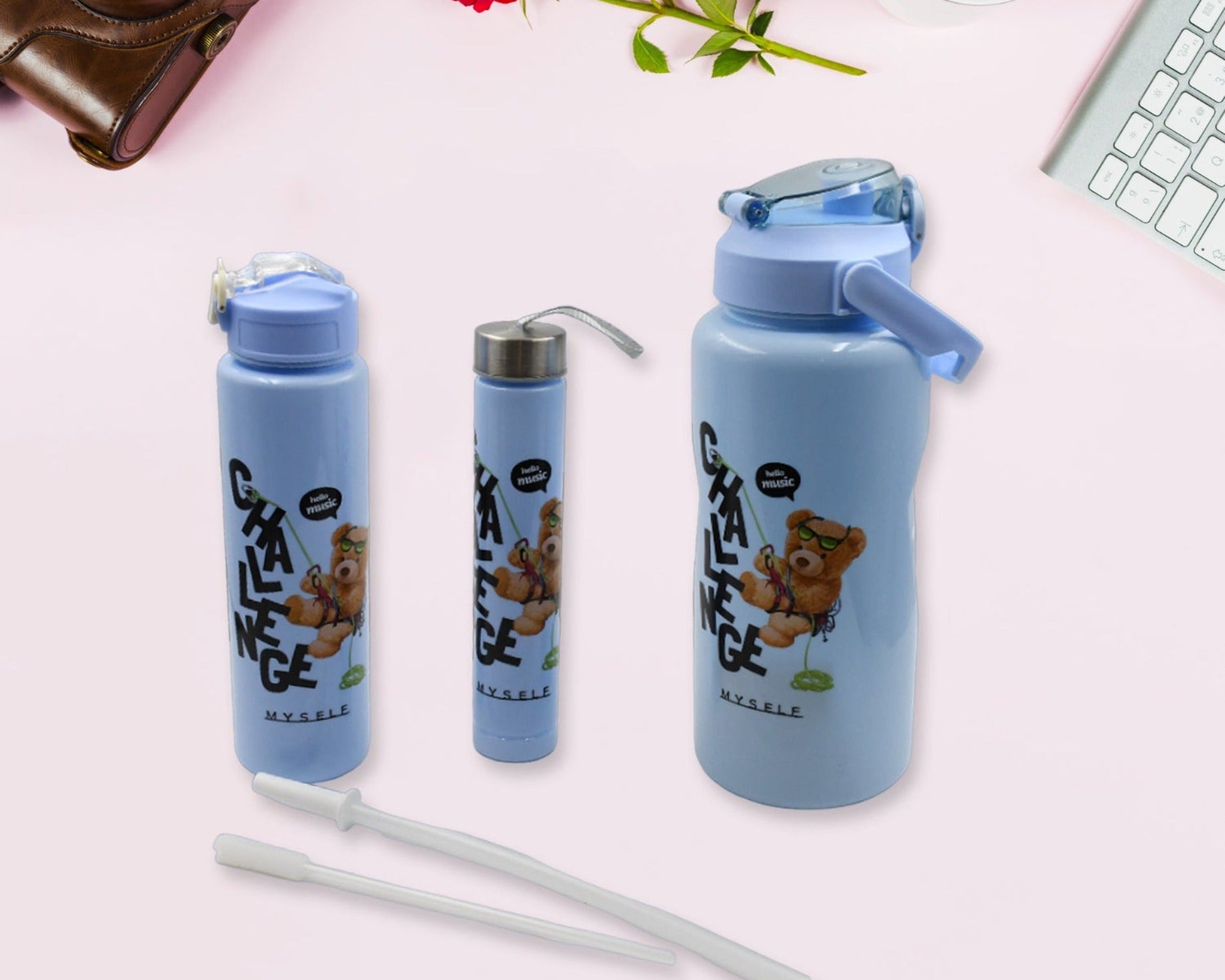 Plastic Water Bottle 3pc Set,3  Different Size Bottle High Quality Water Bottle Plastic Water Bottle BPA-Free & Leak-Proof!  Cartoon Printed Design for Kids' School, For Fridge, Office, Sports, School, Gym, Yoga (3 Pc Set)
