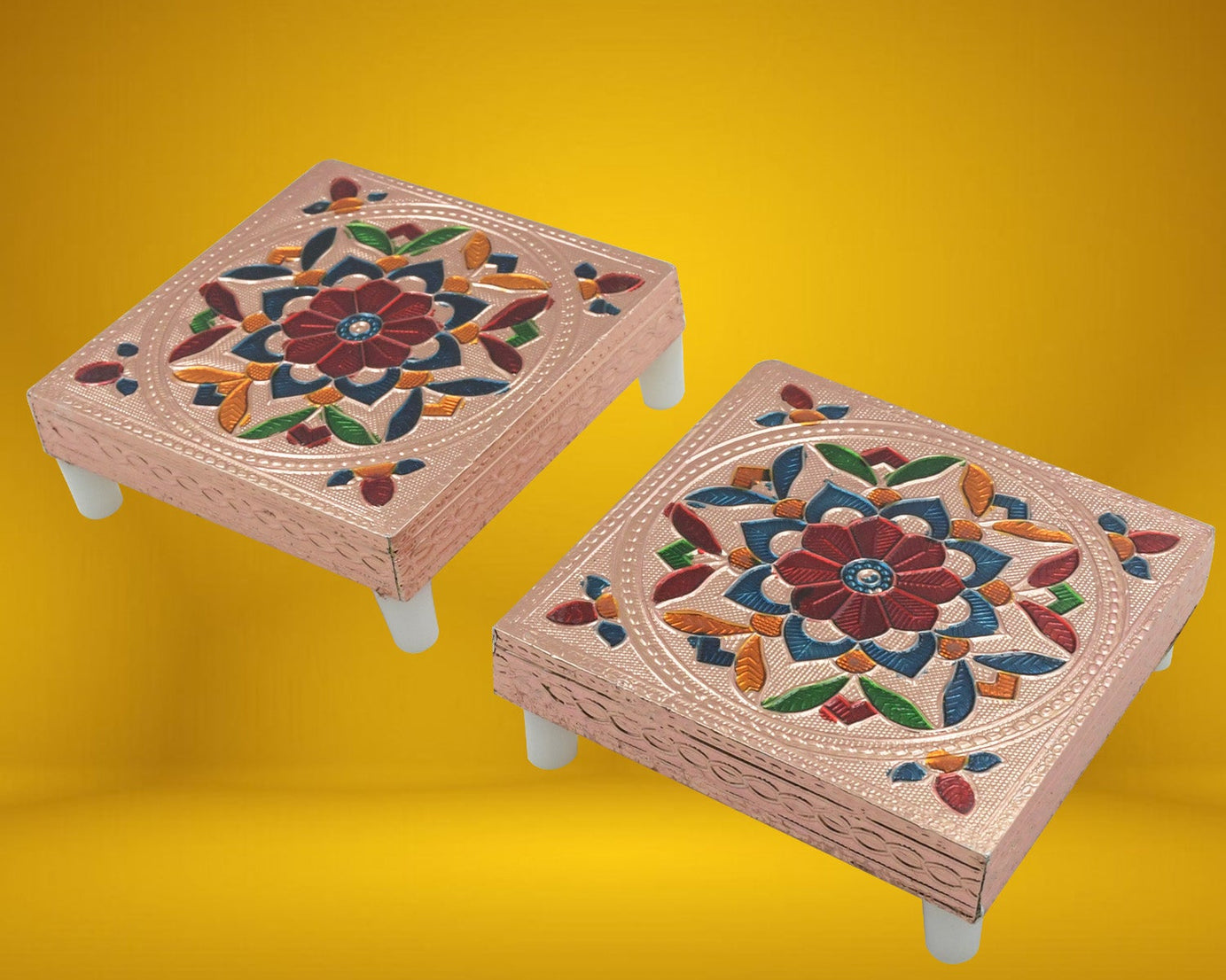 Handicraft Meenakari Wooden Chowki Puja Bajot For Home & Office Decor for Puja Multicolour (2 Pc Set)