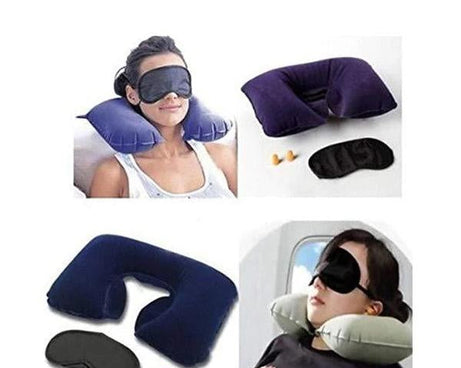 Air travel pillow, ear buds, and eye mask set.