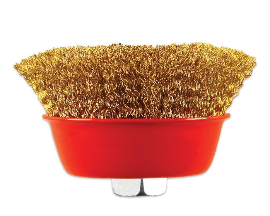 Durable gold wire wheel brush for cleaning.