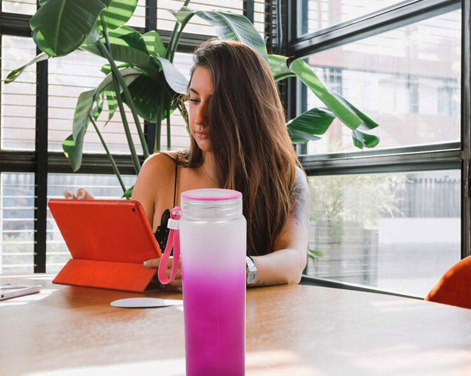 Motivational Glass Water Bottle Colorful potable Water Glass Bottle With Rubber Band, Daily Intake Hourly Water Bottle to Ensure You Drink Enough Water Throughout The Day Reusable Cycling Gym, Workout Fitness Bottle (350 ML)