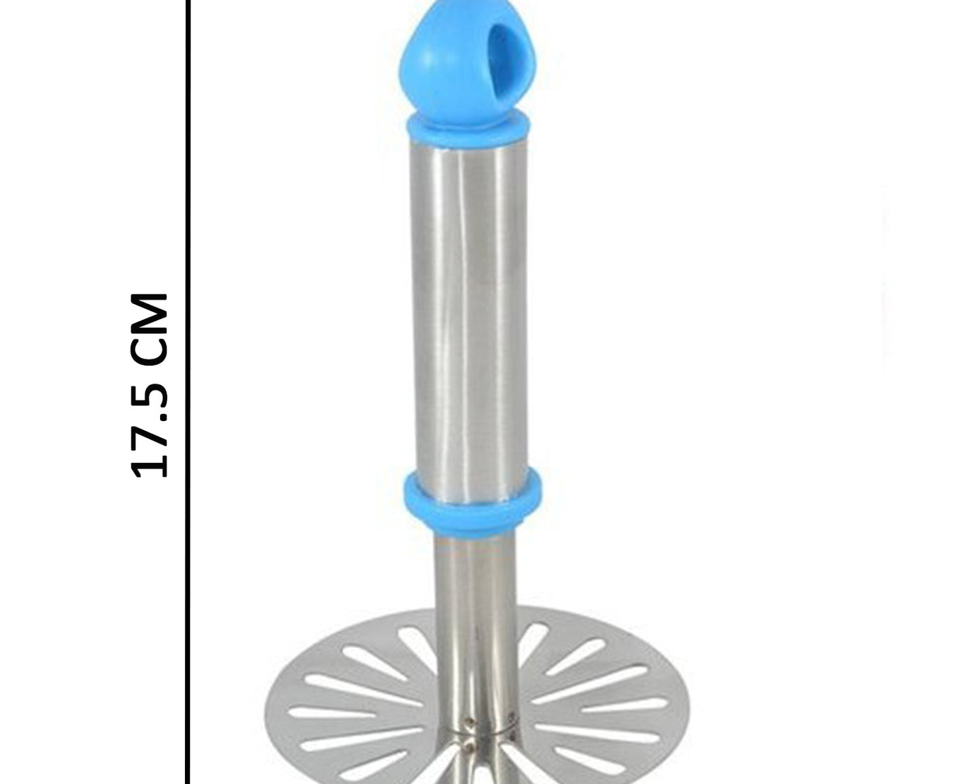 Heavy-duty stainless steel potato masher for kitchen use.