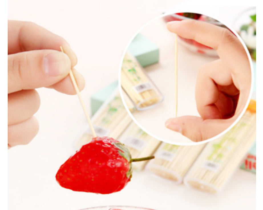 Compact bamboo toothpicks with easy dispenser.
