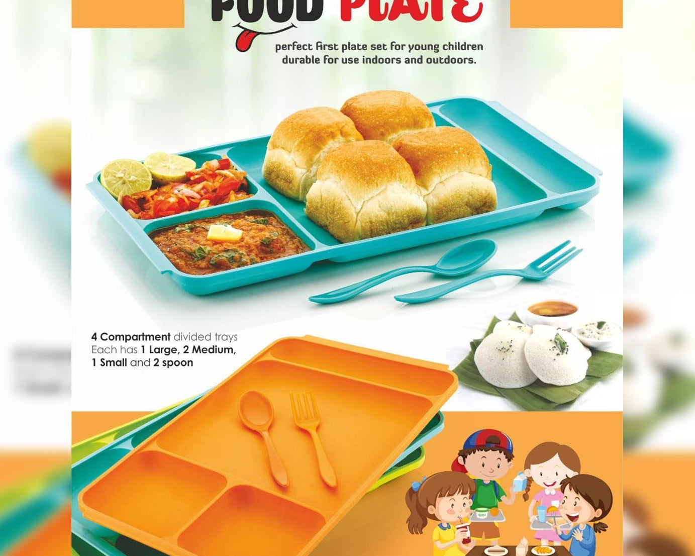 4-compartment plastic dish set with spoon and fork for dining