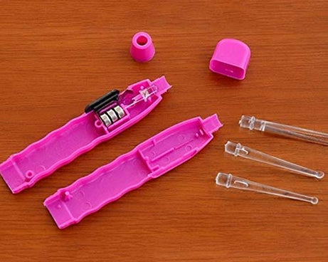 Flashlight earpick tool with tweezer function.