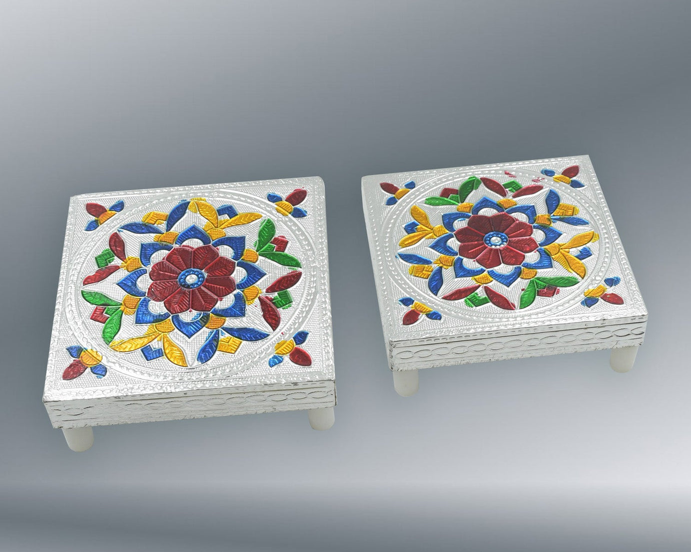 2 Pc Meenakari Wooden Chowki & Bajot Set: For Home & Office Puja (Multicolor)