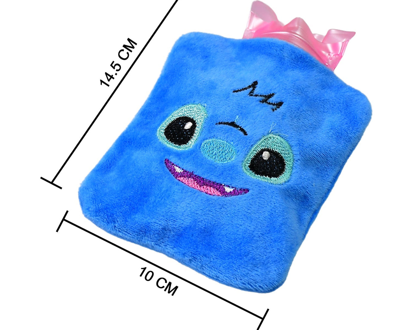 Hot water bag with blue stitch cover for pain relief and warming