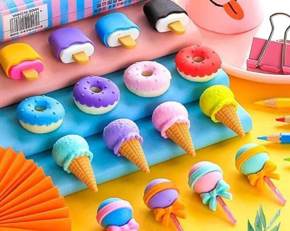 Cone / Donut / Lolipop / Ice cream / Eraser for Girls & Boys / Eraser for School B'Day Return Gift Party Doughnut Lollipop Ice Cream Theme Shape Erasers Pencils Set for Kids Educational Stationary kit, School Supplies (1 Set 4 Pc)