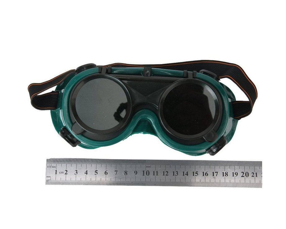 Large dark green welding goggles for safety.