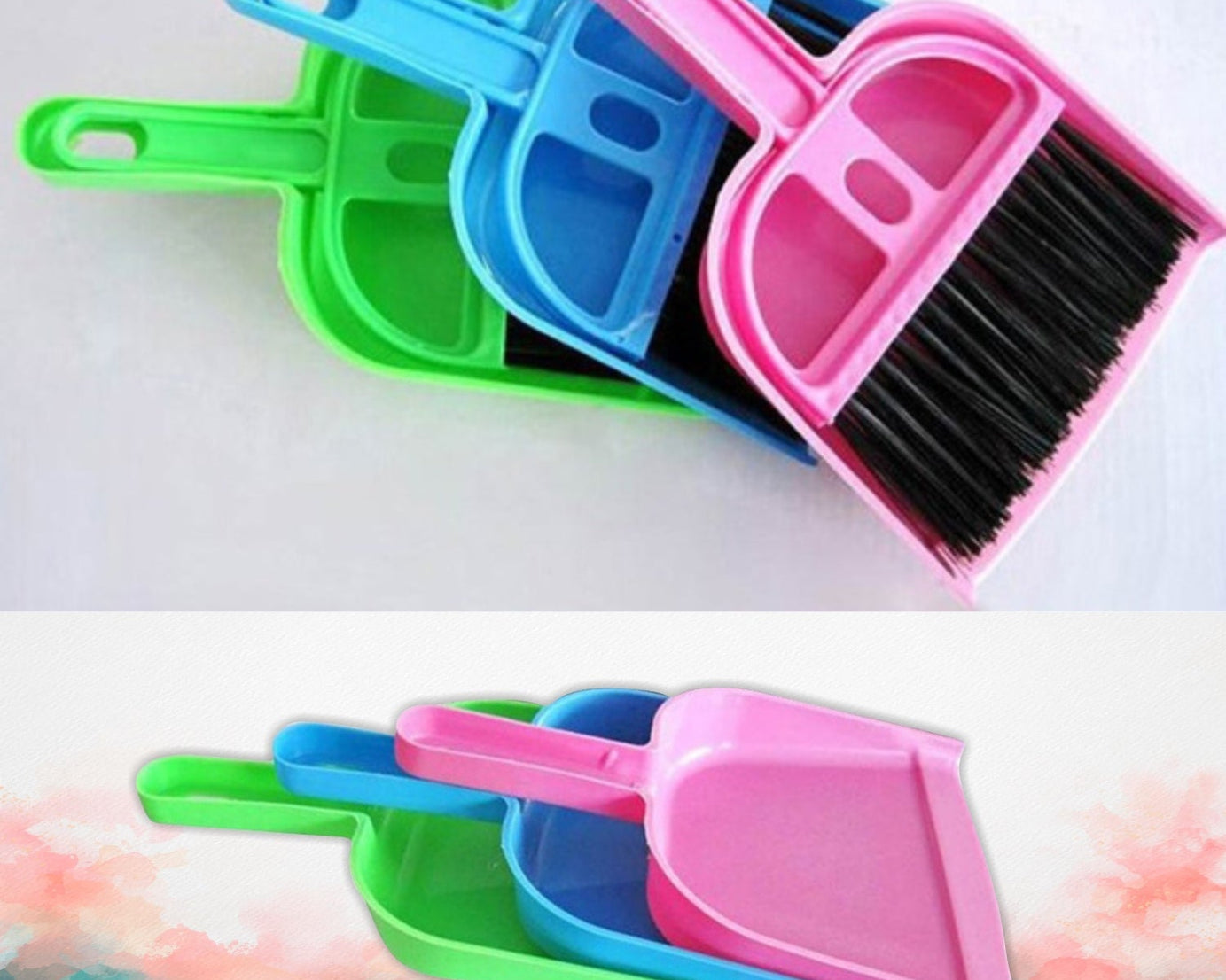 Lightweight dustpan with small broom for easy cleaning.