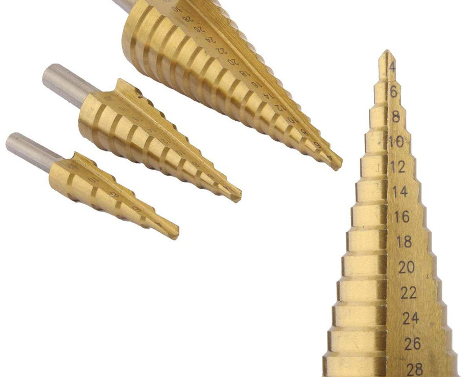 HSS steel and titanium step cone drill bit set for precision.