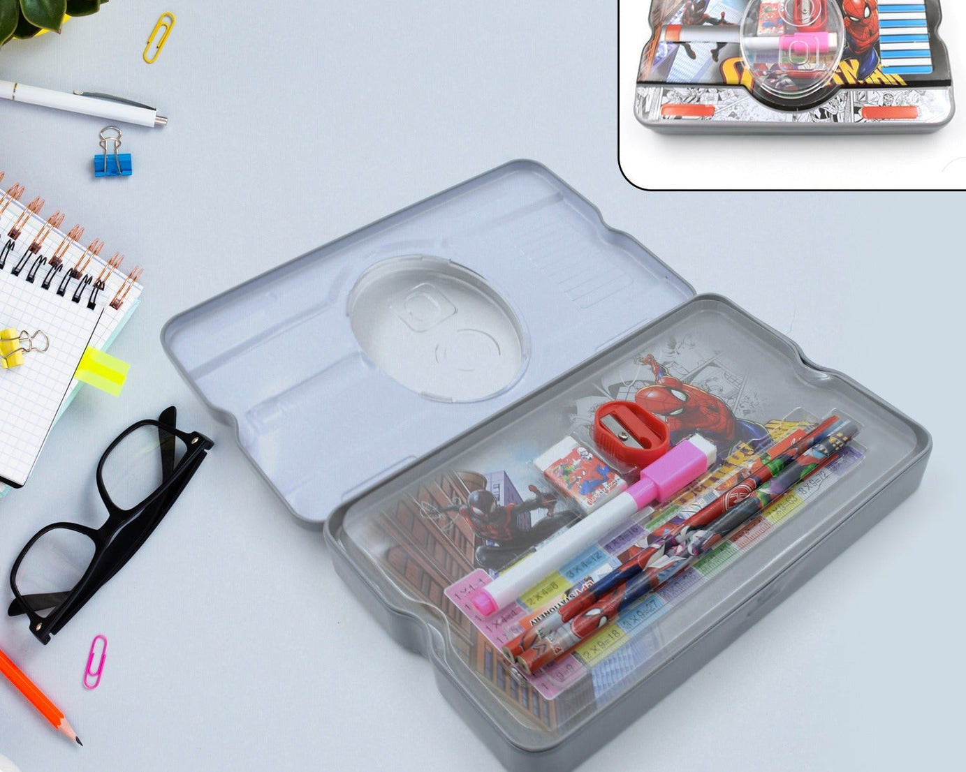 Big Cartoon Printed  Metal Compass Box, Pencil Case With Sharpner, Eraser, Pencil, Marker & Scale for Kids Stationery Compass Box, Stationery Gift for School Kids Compass, Pencil Box, Birthday Return Gift for Kids  (6 Pc Set)