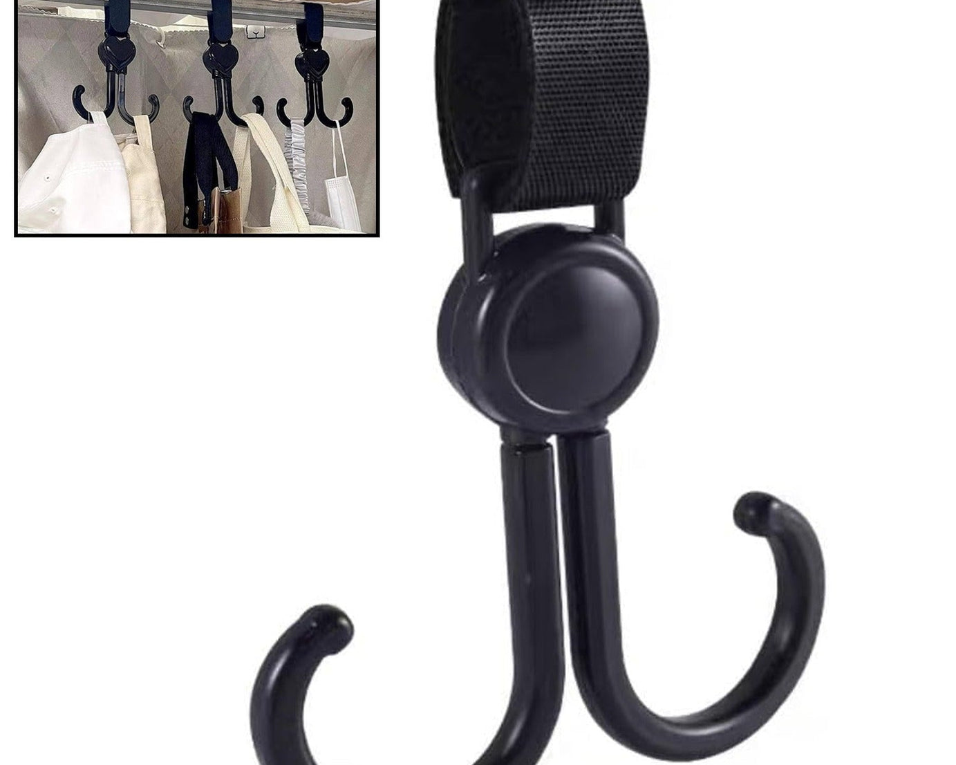 Multi-Purpose Strong Pushchair Hook Clip Baby Carriage Hook 360Degree Rotating Black Stroller Clip for Hanging Bag, Baby Carriage Hook for Cars, Wheelchairs, Walking Aids, Bicycles, Shopping Trolley, Bicycles (1 Pc)