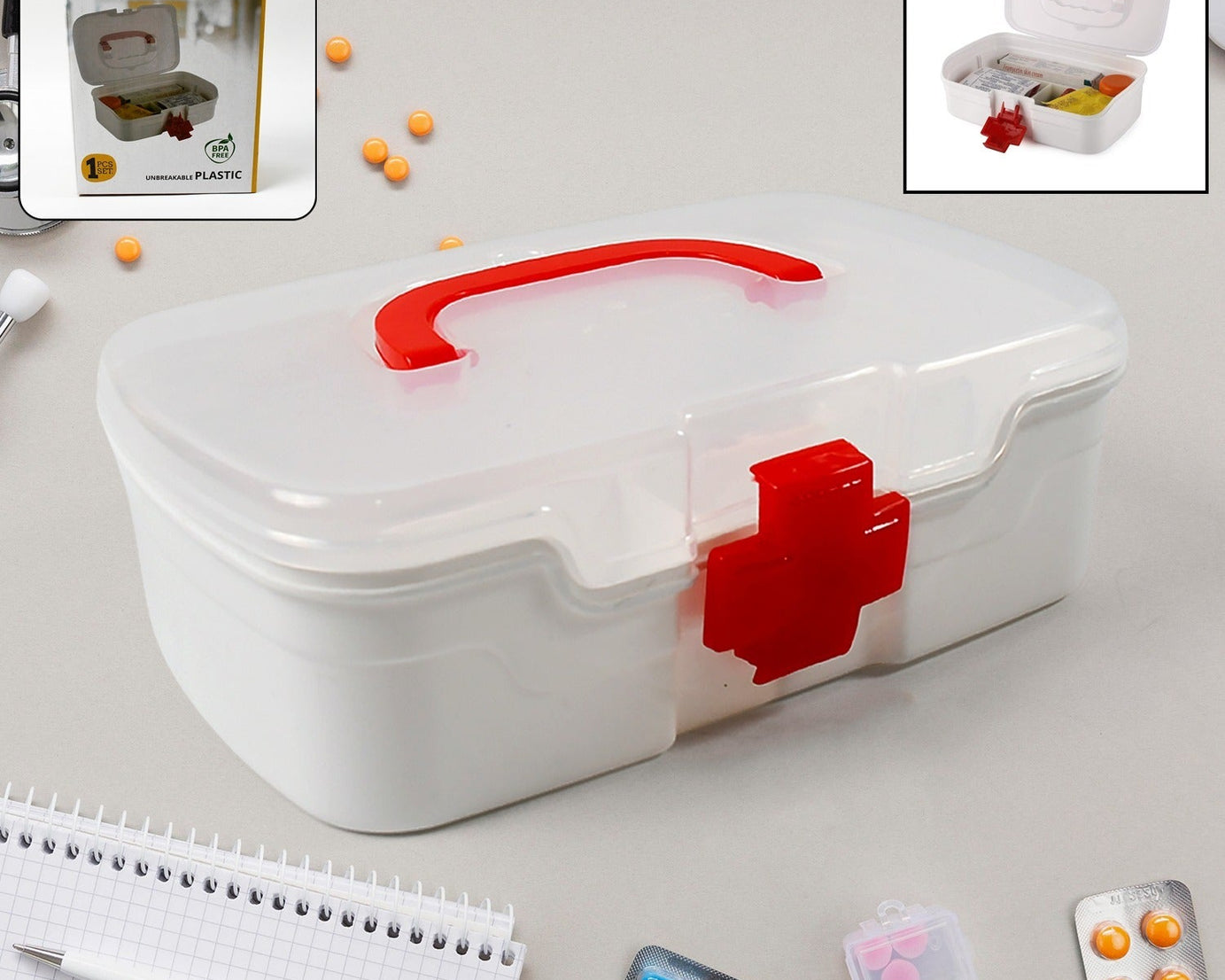 3 Compartment Medical Box, 1 Piece, Indoor Outdoor Medical Utility, Medicine Storage Box, Detachable Tray Medical Box Multi Purpose Regular Medicine, First Aid Box with Handle, Transparent Lid & Color Box 