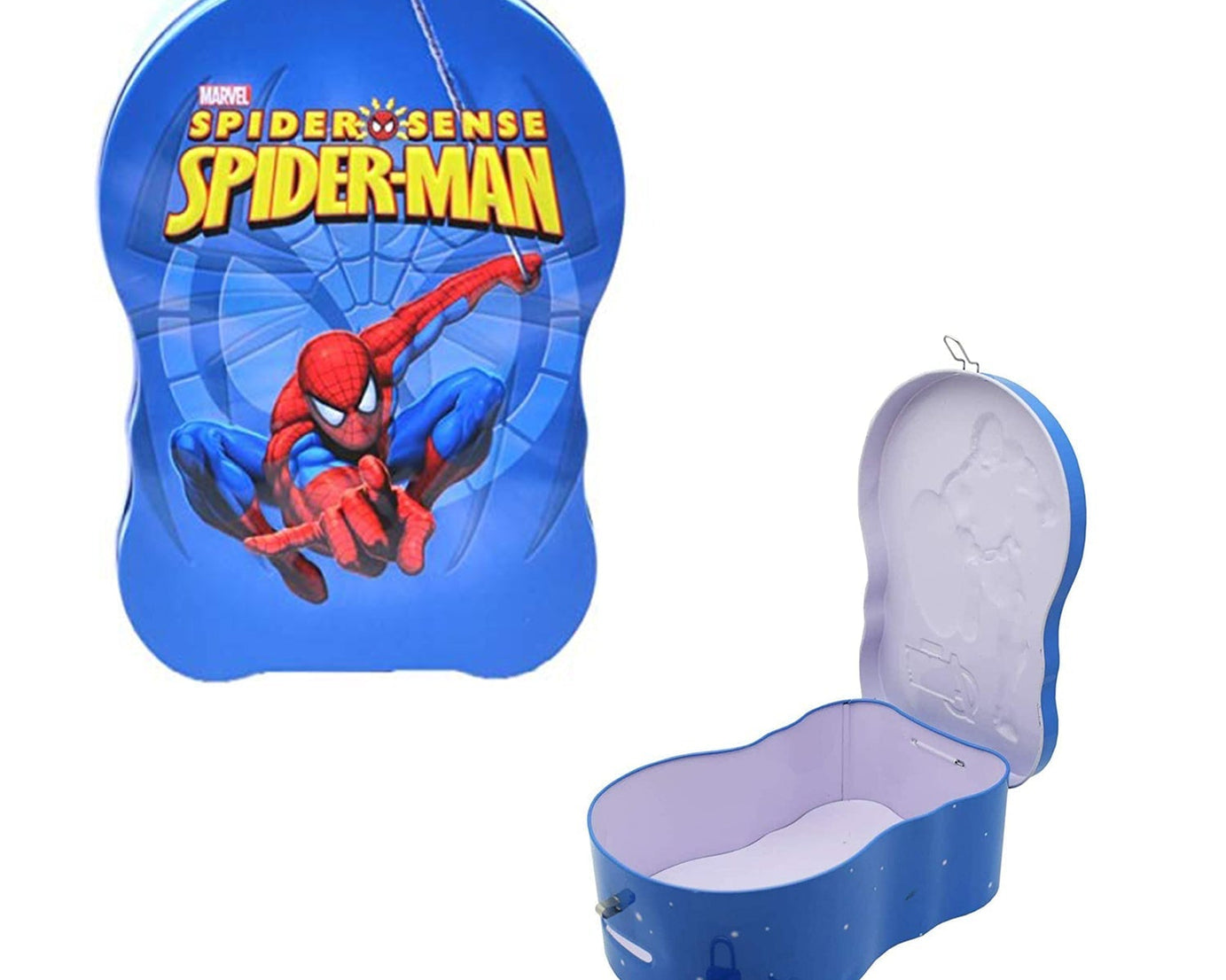 Piggy bank in metal with cartoon characters, used for saving coins and small change