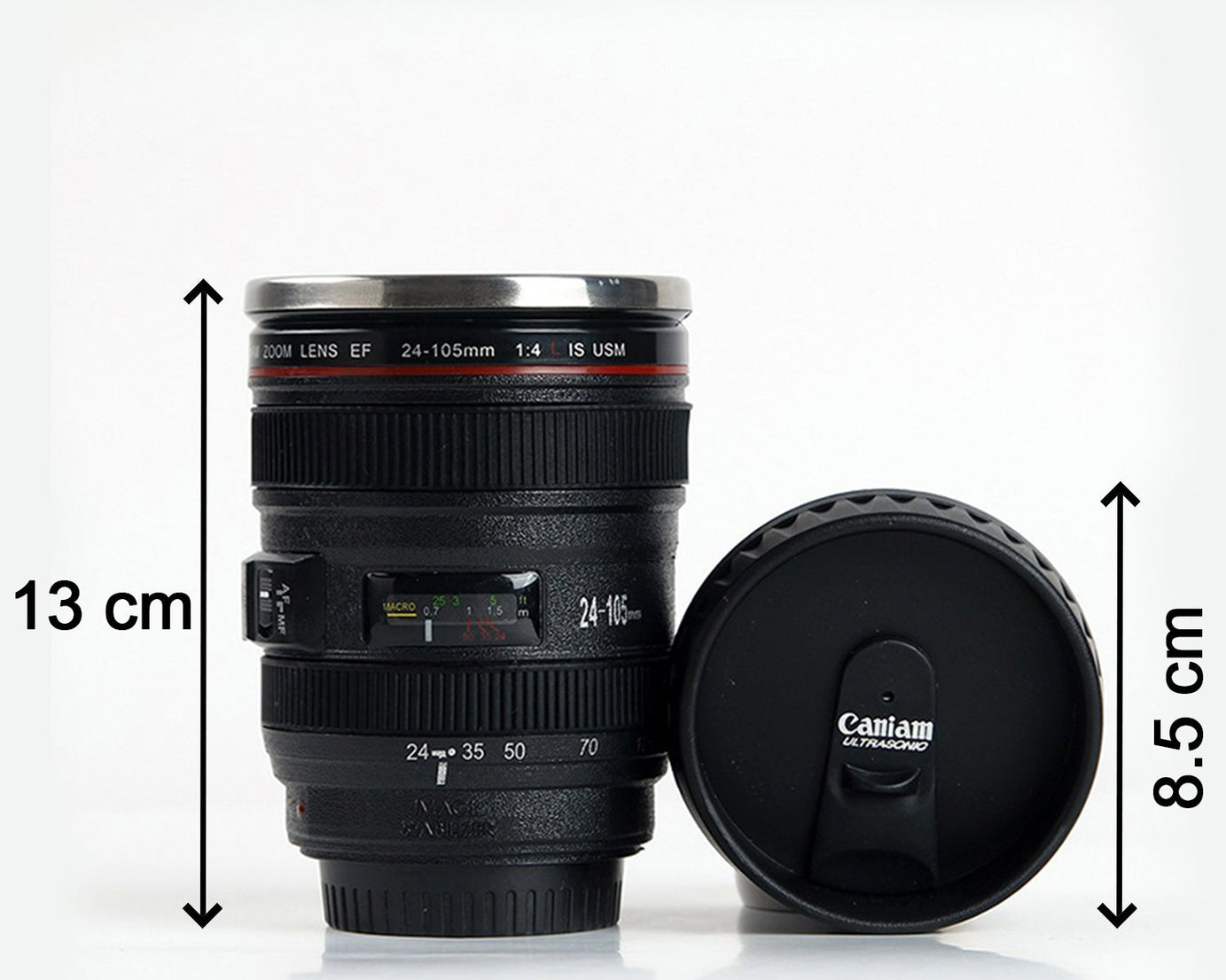 Camera lens inspired stainless steel coffee mug, focusing on the unique lens design