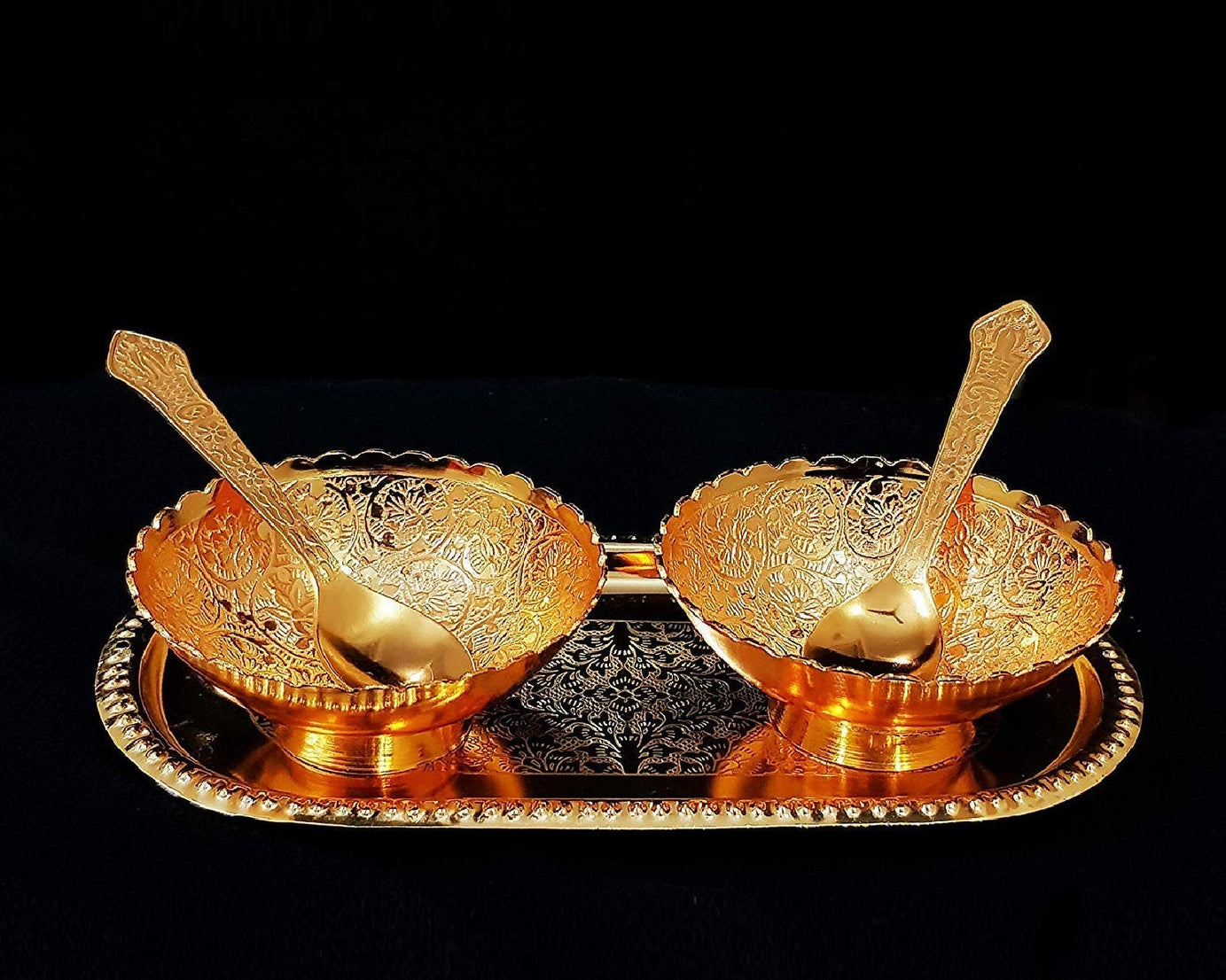 Elegant brass tray set with gold and silver plating, includes bowls and spoons in a velvet gift box.
