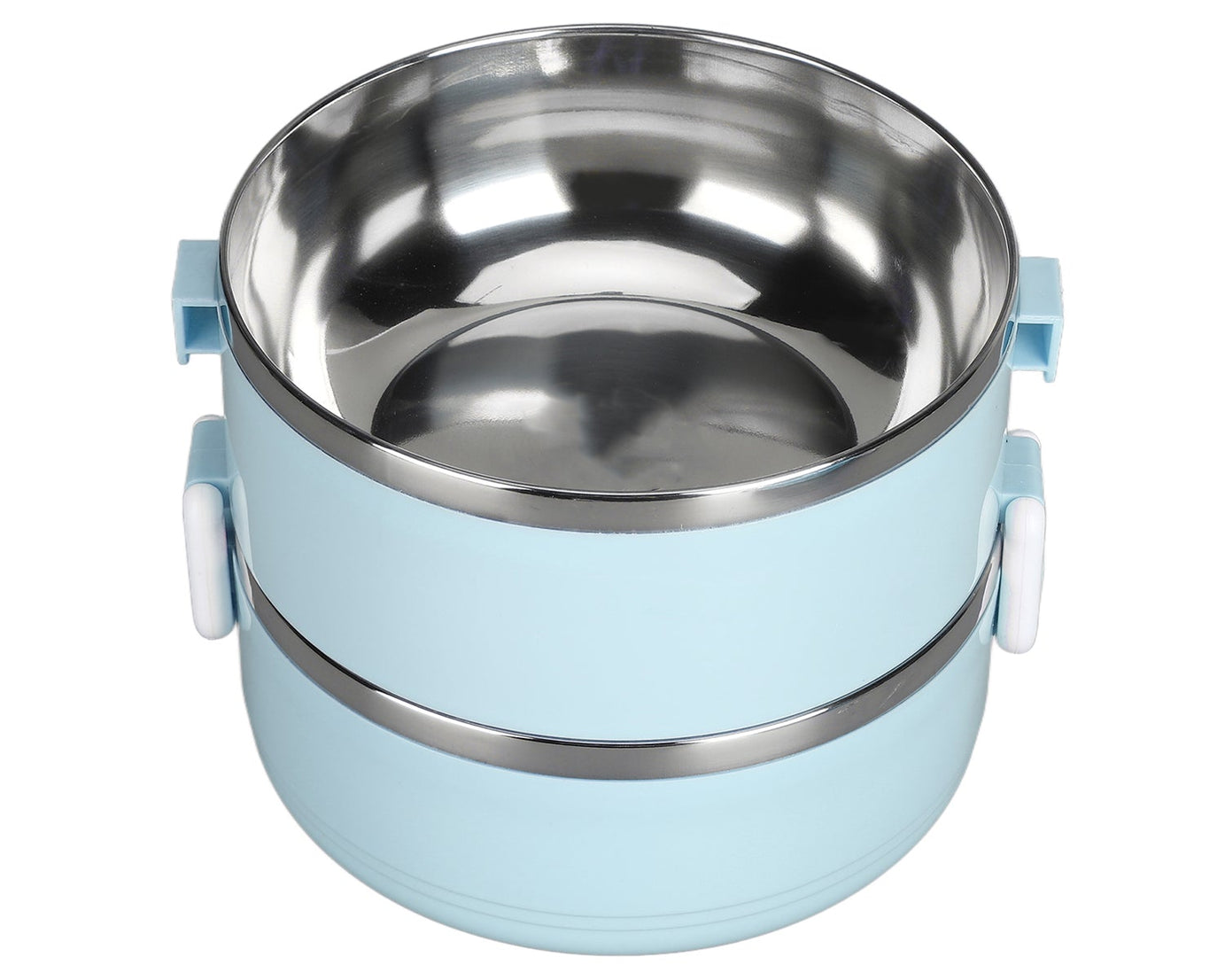 Stainless steel hot lunch box with two compartments.